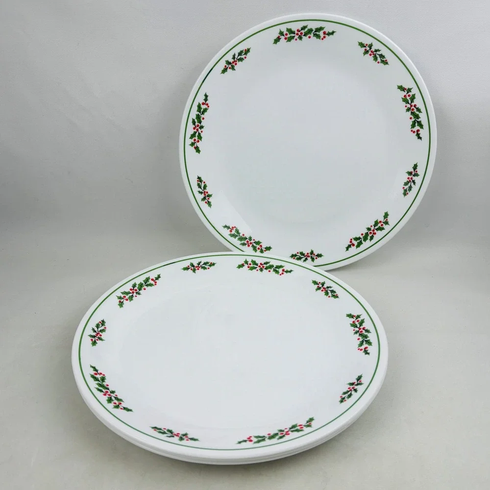 Vintage Corelle Winter Holly Dinner Plates Set of 4 Black Vein Christmas Holiday